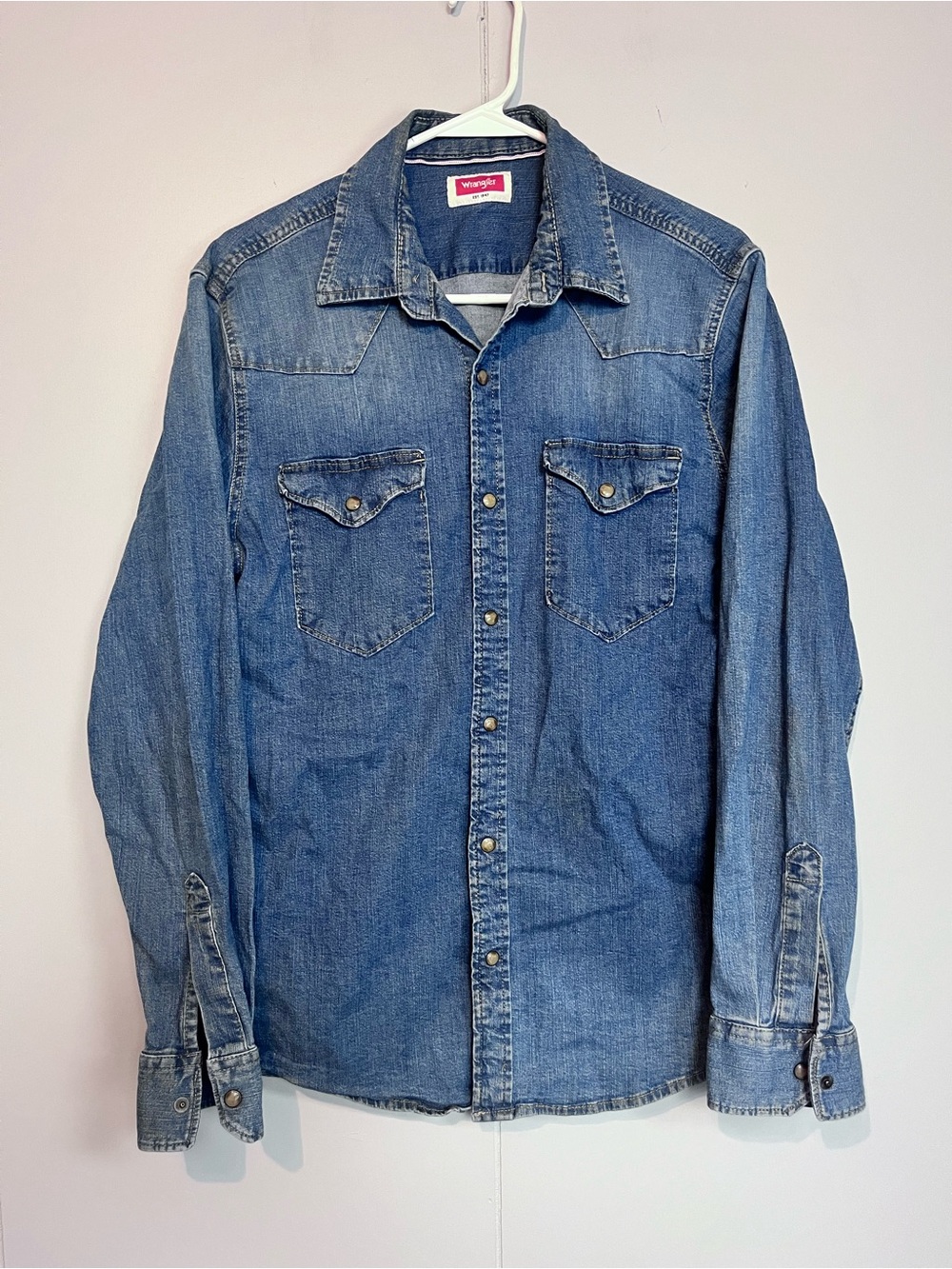 Wrangler Denim Snap Front Western Shirt Medium Blue Long Sleeve Pearl Snap